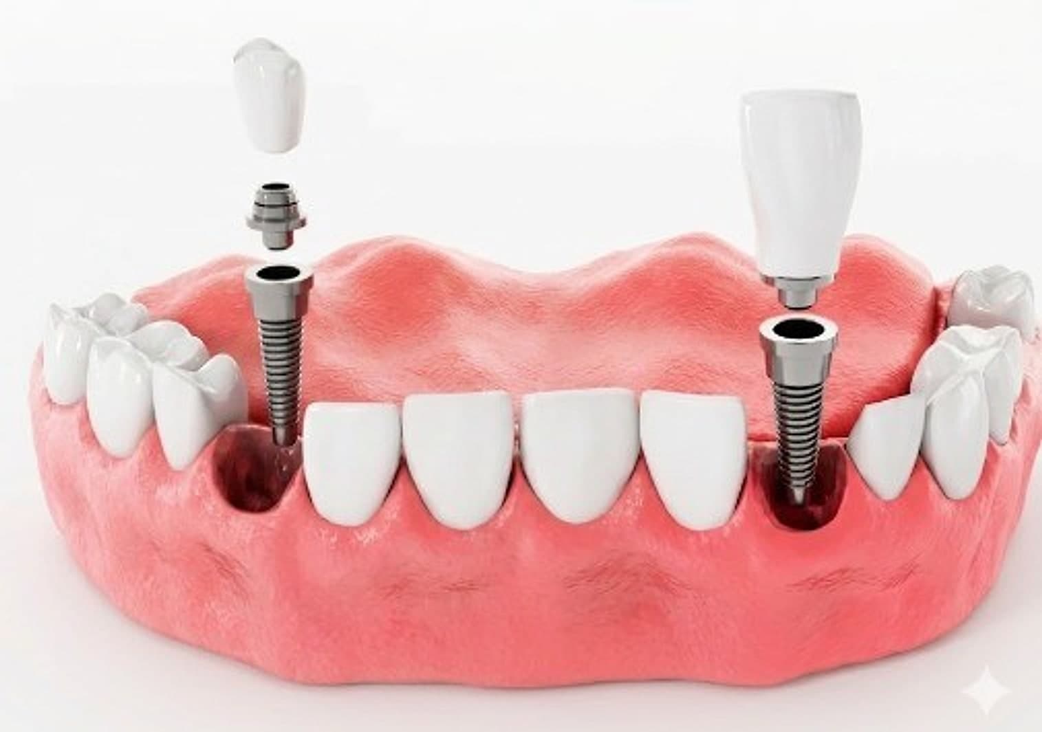 Modelo 3D de implantes dentales de titanio con coronas en encía